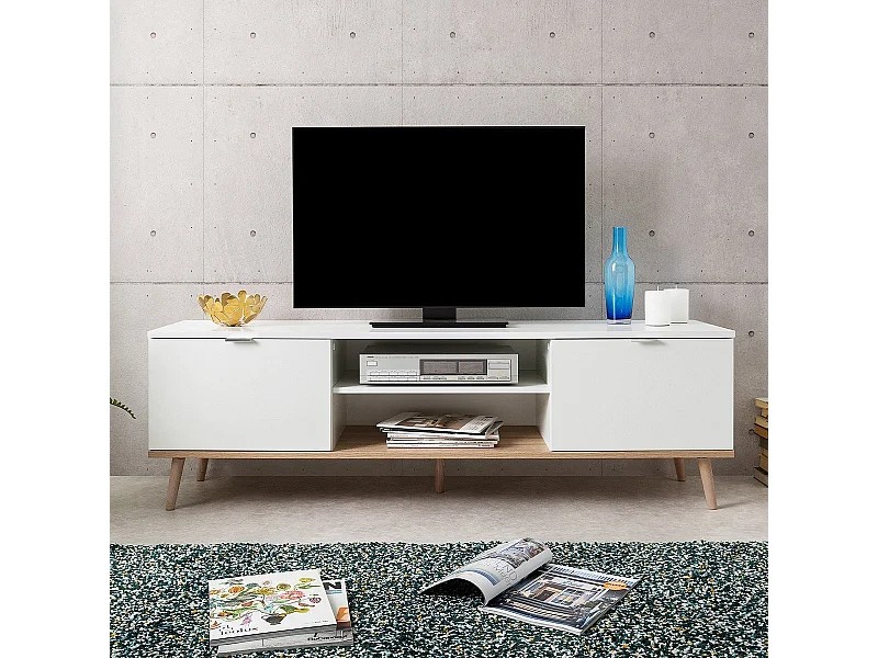 Skandinavisches weißes TV-Möbel mit Aufbewahrung - L 160 cm