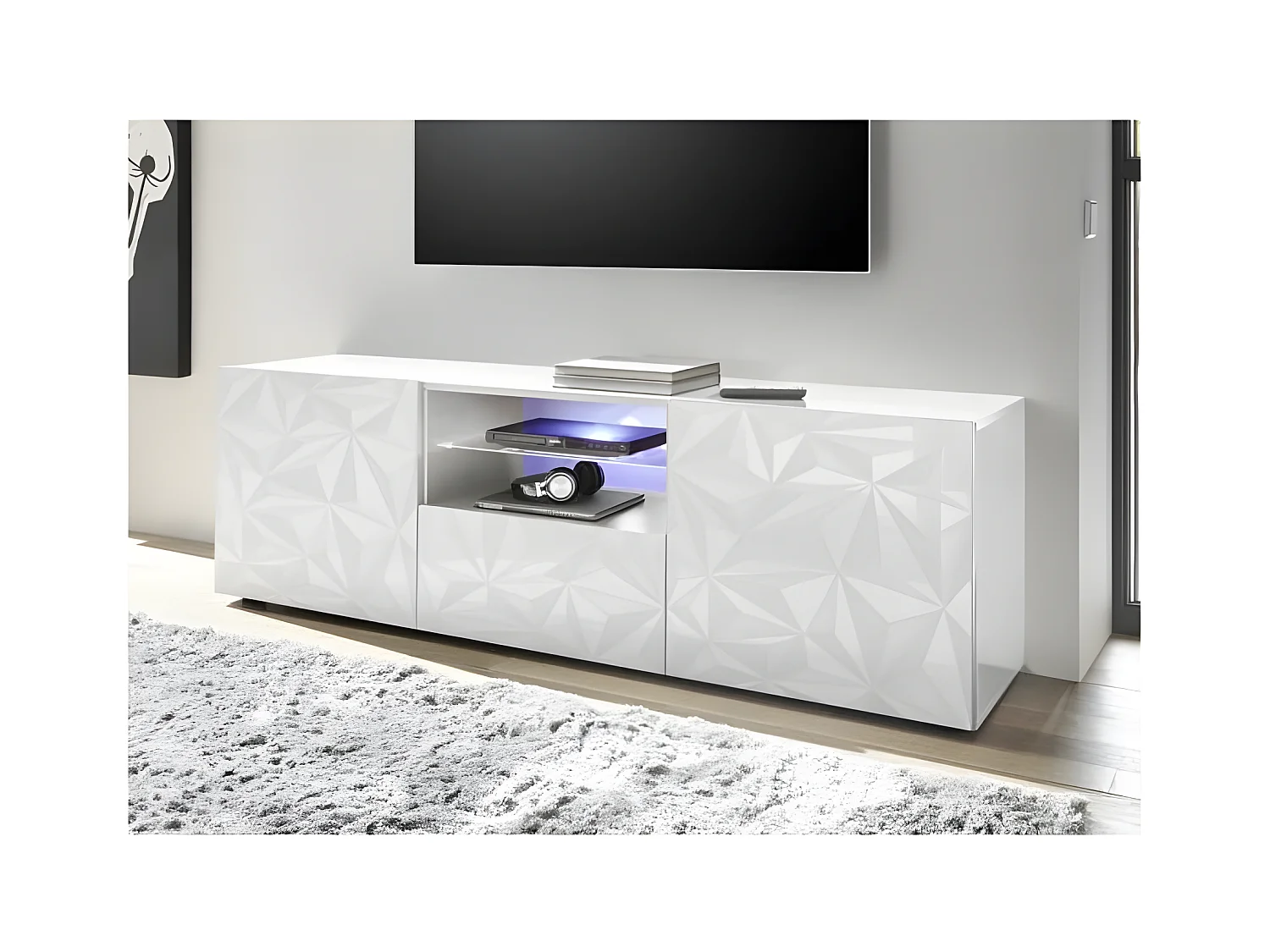 Meuble TV - Blanc Laque brillant - L 181 x P 43 x H 57cm - PARIGI