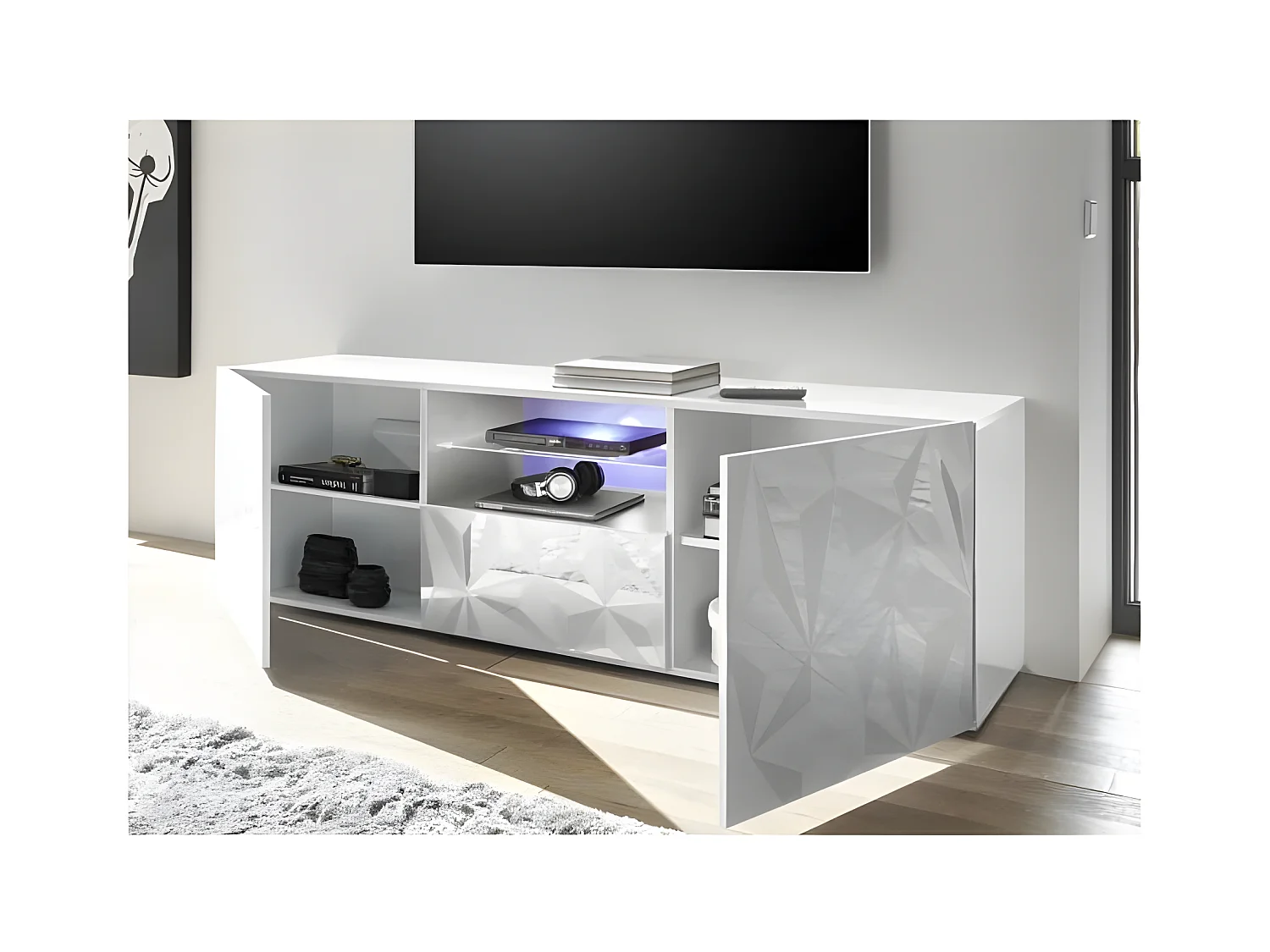 Meuble TV - Blanc Laque brillant - L 181 x P 43 x H 57cm - PARIGI