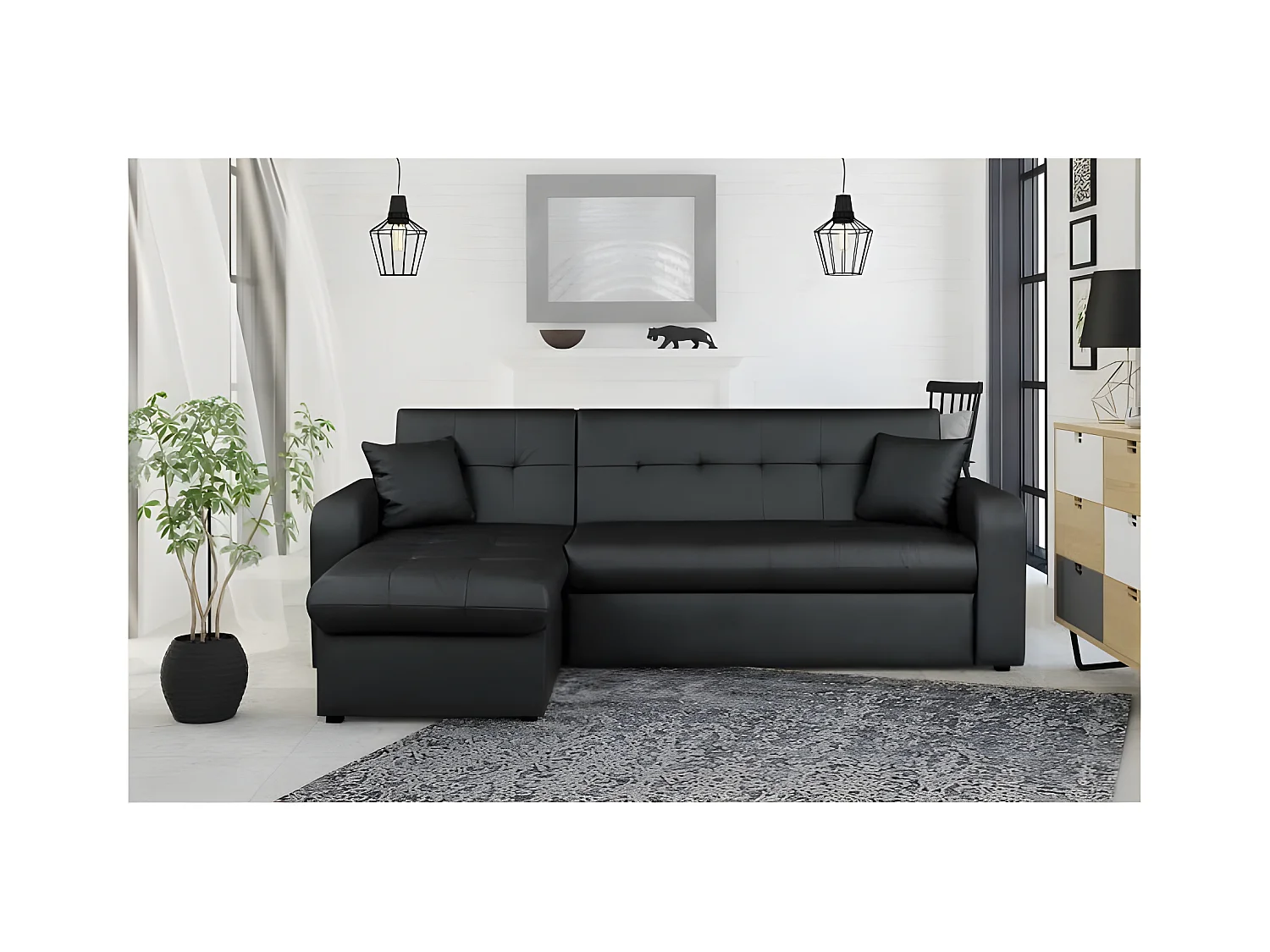 Divano ad angolo convertibile 3 posti con contenitore - Similpelle nera - Stile contemporaneo - L 235 x P 85 cm