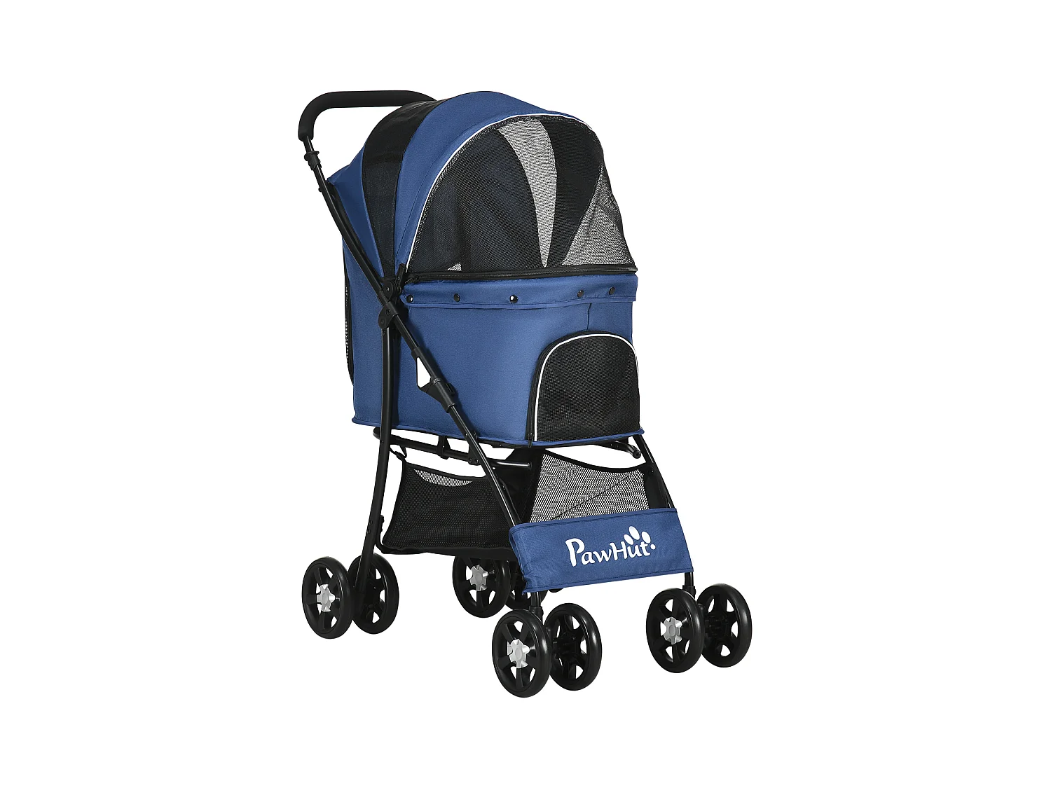 Poussette pliable pour chien chat - 4 roues doubles, 2 freins, attache, coussin inclus - acier Oxford bleu