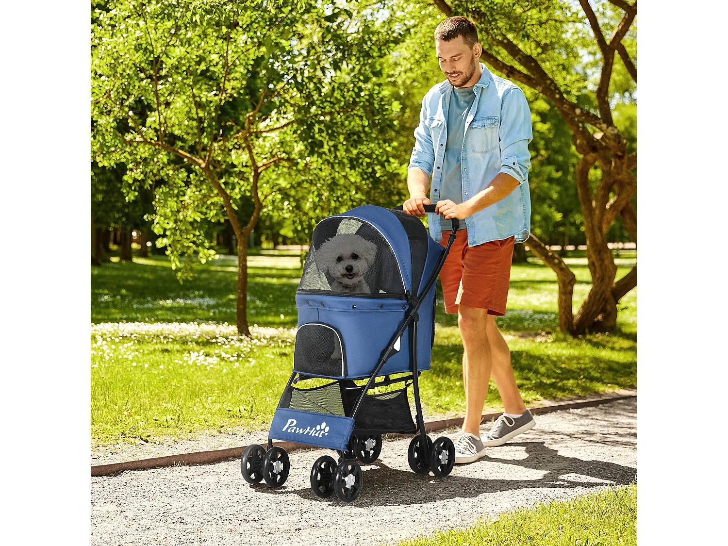 Poussette pliable pour chien chat - 4 roues doubles, 2 freins, attache, coussin inclus - acier Oxford bleu