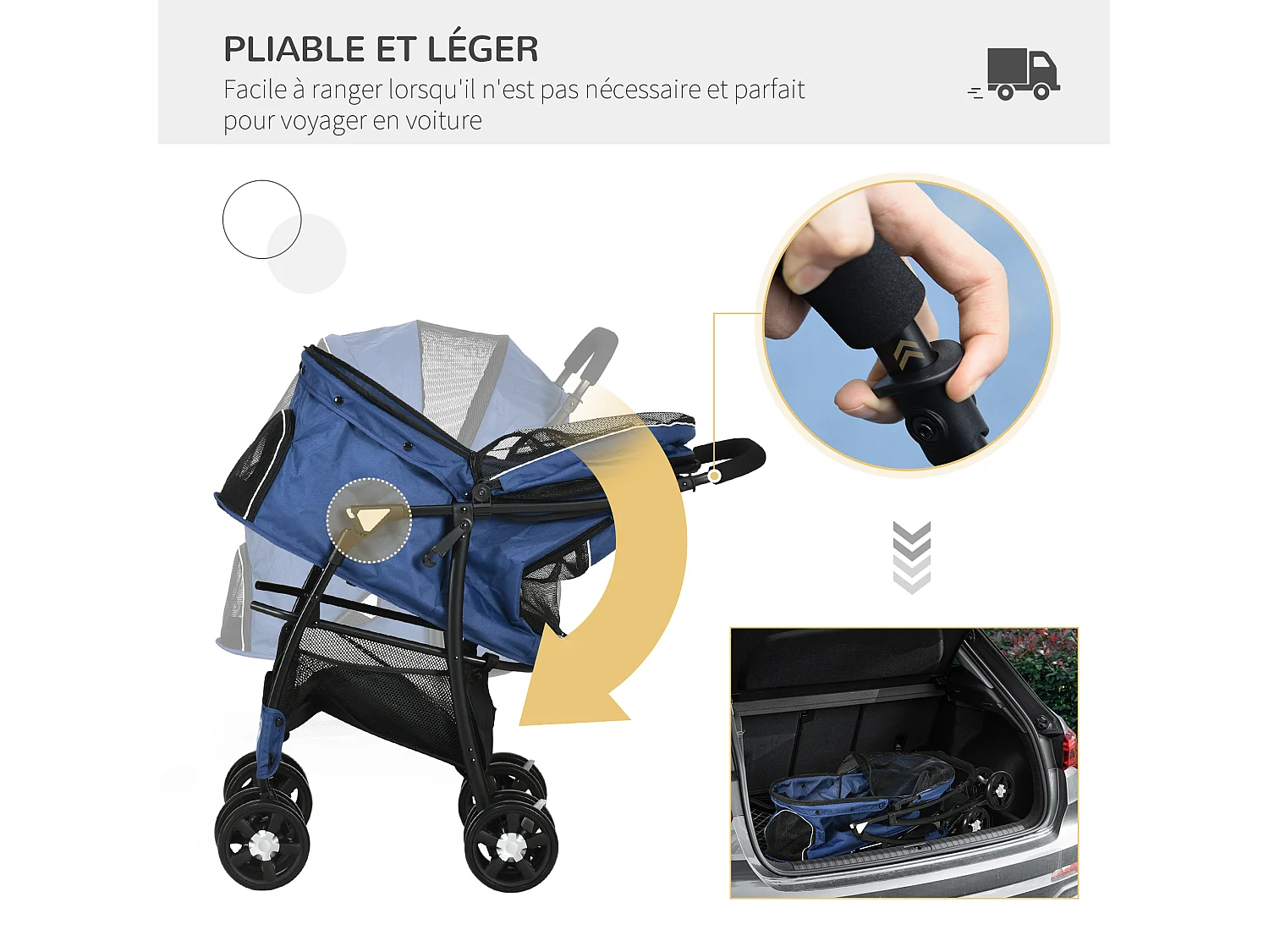 Poussette pliable pour chien chat - 4 roues doubles, 2 freins, attache, coussin inclus - acier Oxford bleu