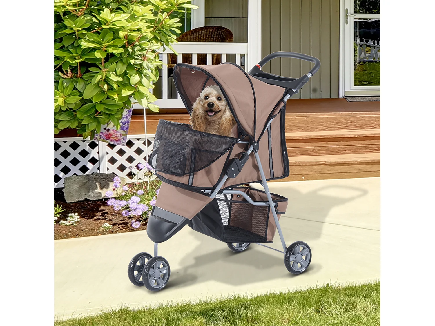 Poussette buggy pour chien chat animaux roue avant pivotante 360 degrés marron