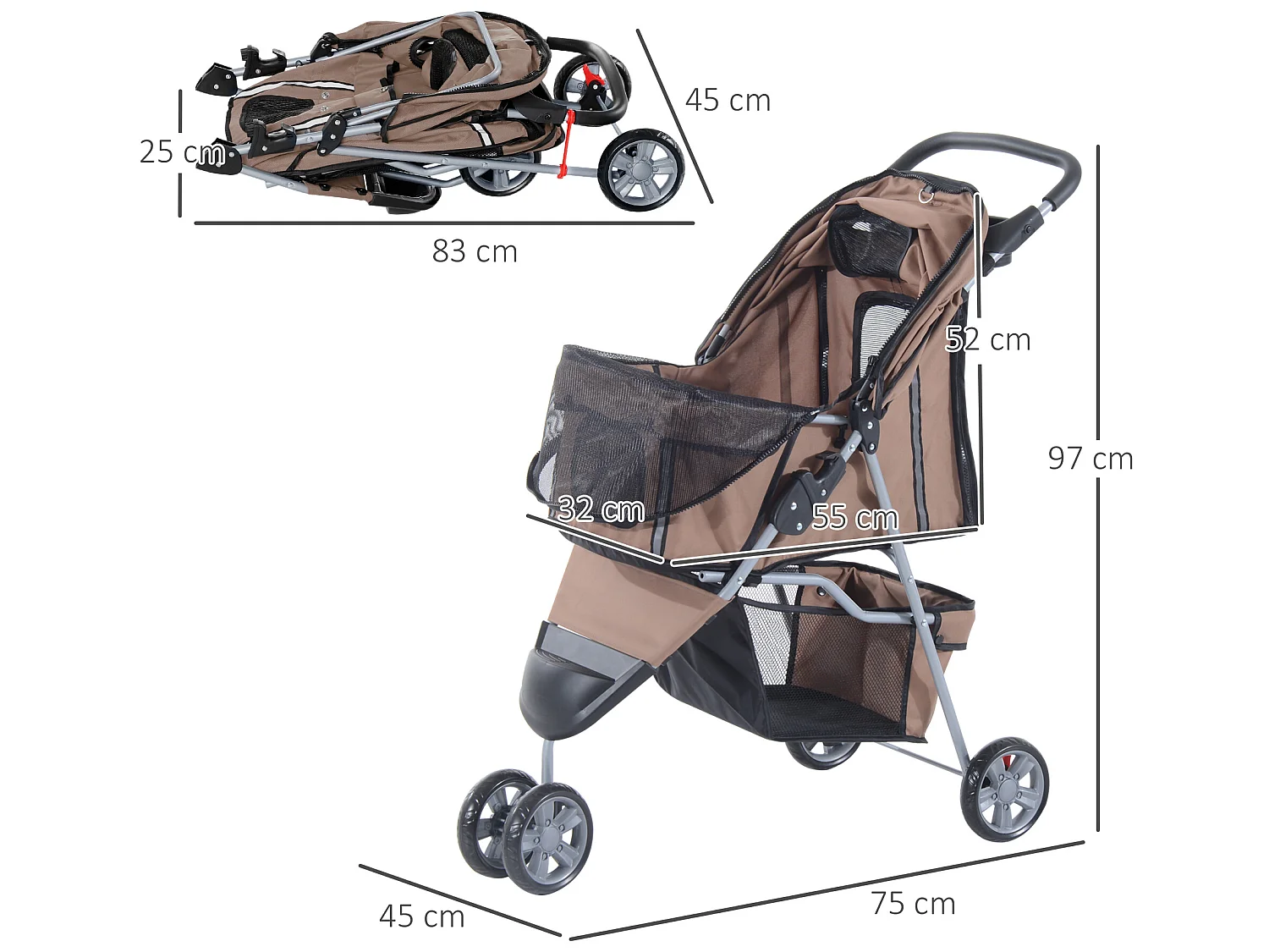 Poussette buggy pour chien chat animaux roue avant pivotante 360 degrés marron