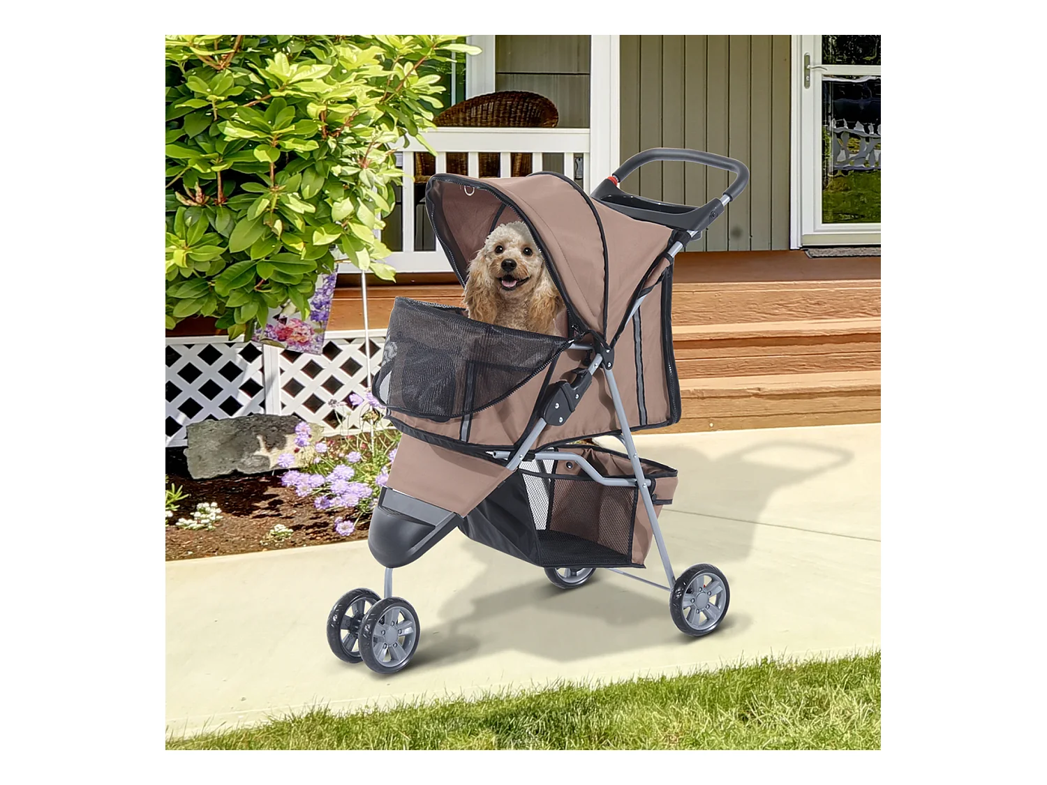 Poussette buggy pour chien chat animaux roue avant pivotante 360 degrés marron