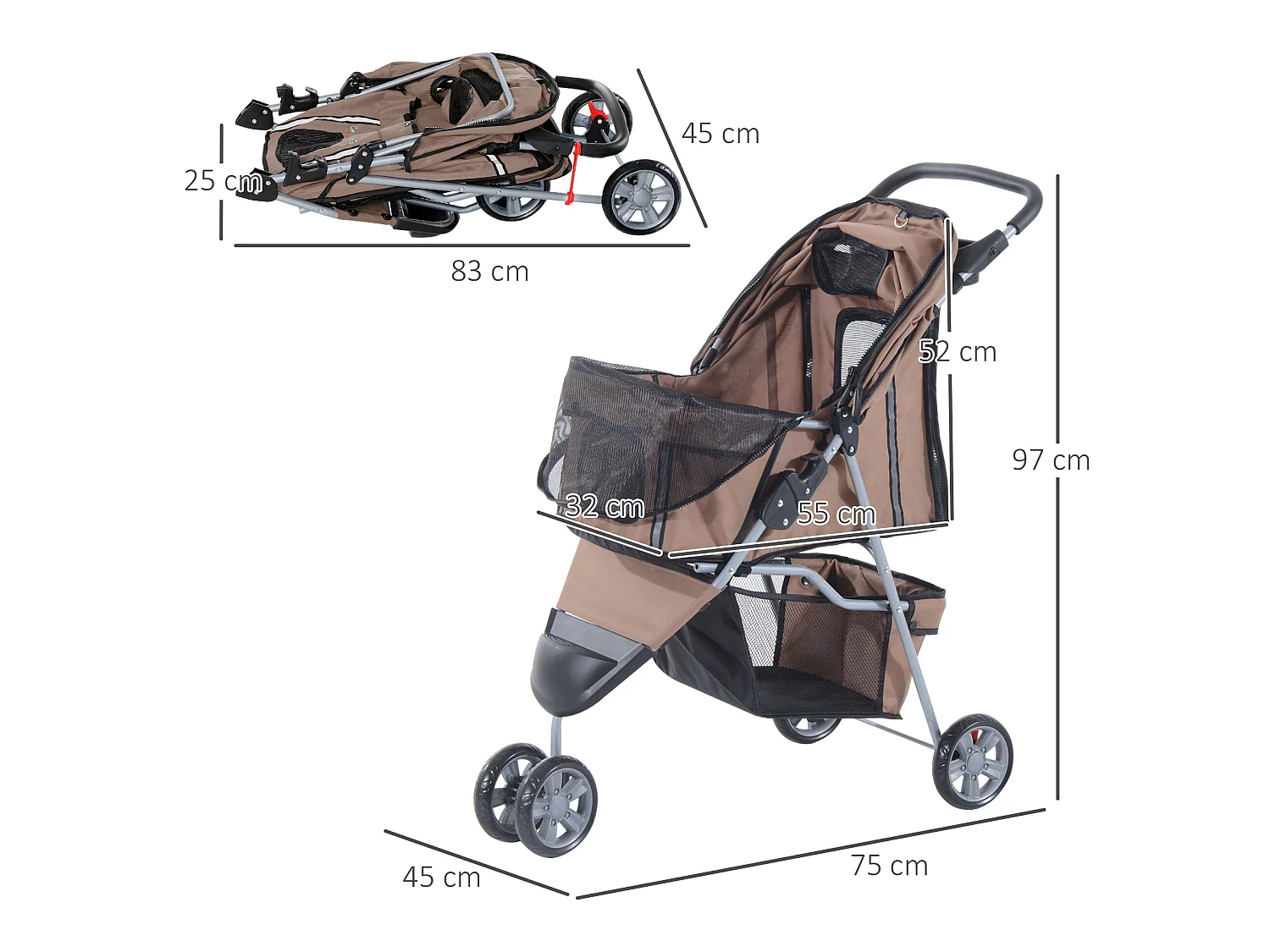 Poussette buggy pour chien chat animaux roue avant pivotante 360 degrés marron
