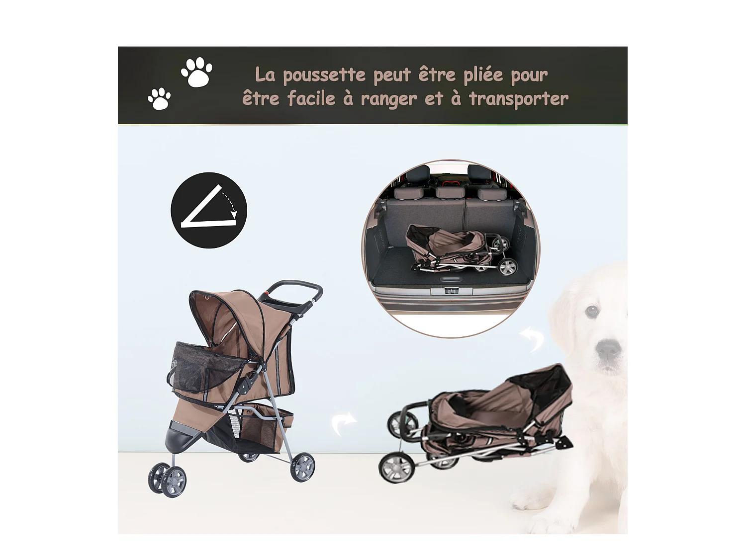 Poussette buggy pour chien chat animaux roue avant pivotante 360 degrés marron