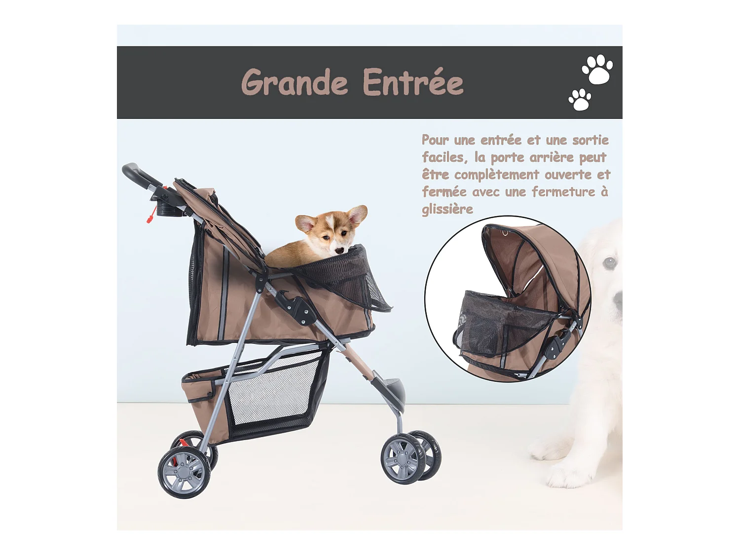 Poussette buggy pour chien chat animaux roue avant pivotante 360 degrés marron