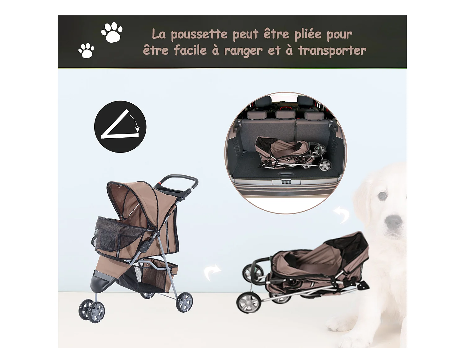 Poussette buggy pour chien chat animaux roue avant pivotante 360 degrés marron