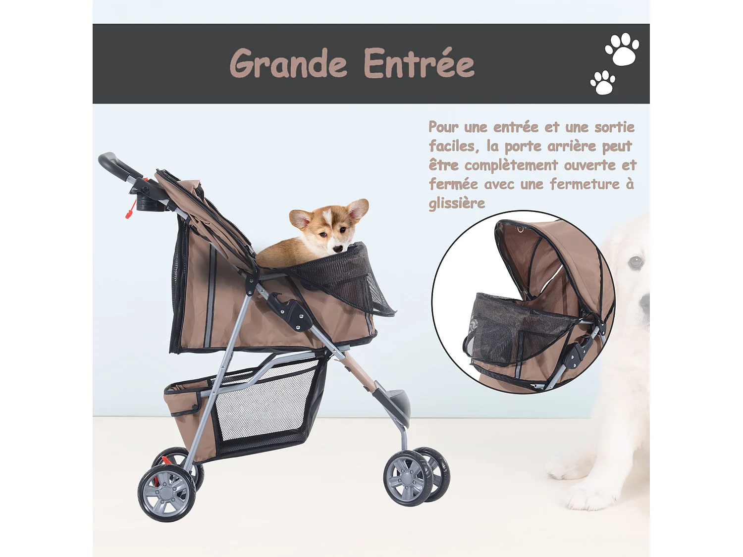 Poussette buggy pour chien chat animaux roue avant pivotante 360 degrés marron