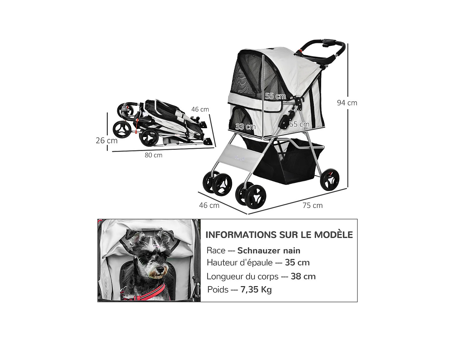 Poussette buggy pour chiens 75L x 46l x 94H cm pliable imperméable tissu 600D Oxford 4 roues gris