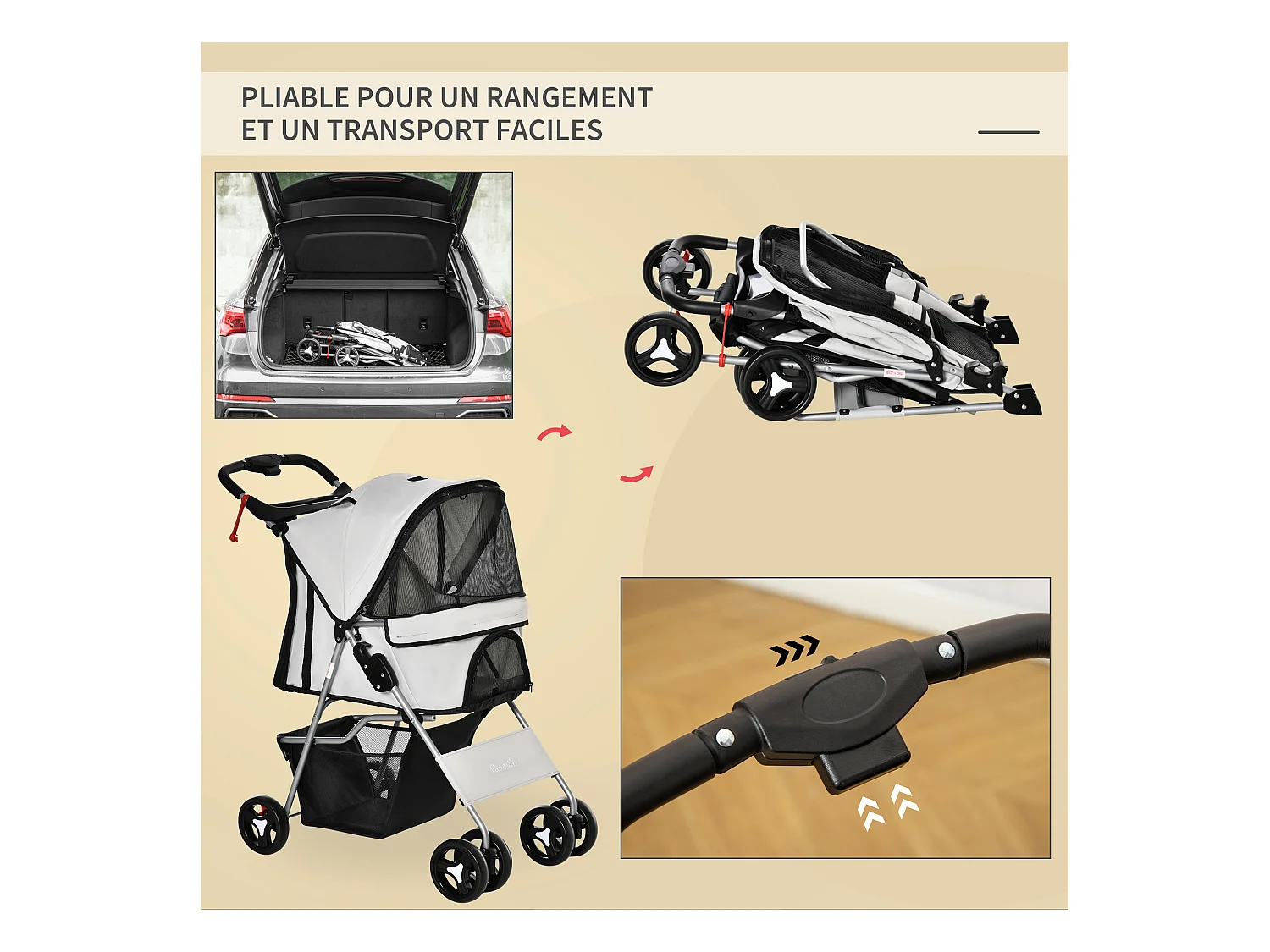 Poussette buggy pour chiens 75L x 46l x 94H cm pliable imperméable tissu 600D Oxford 4 roues gris