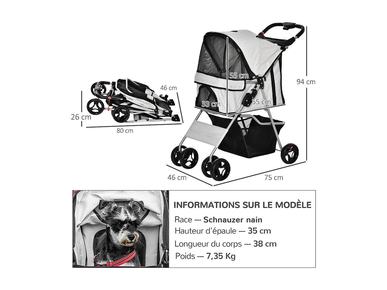 Poussette buggy pour chiens 75L x 46l x 94H cm pliable imperméable tissu 600D Oxford 4 roues gris