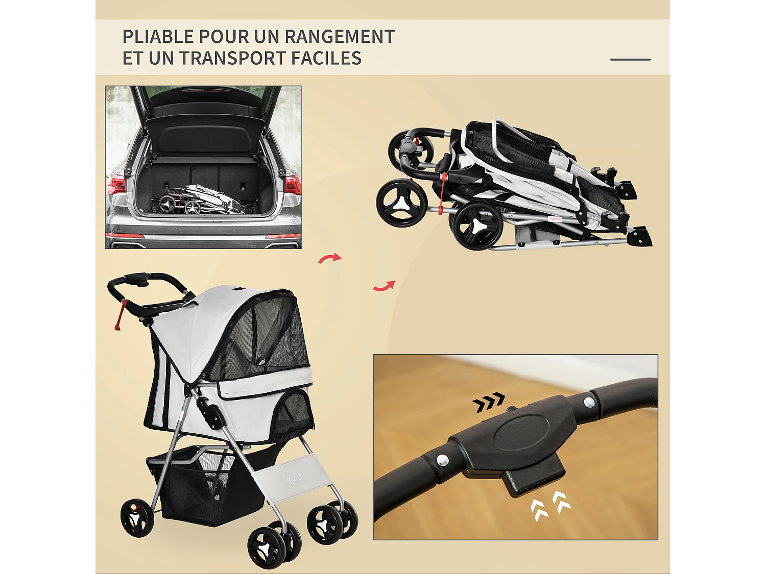 Poussette buggy pour chiens 75L x 46l x 94H cm pliable imperméable tissu 600D Oxford 4 roues gris