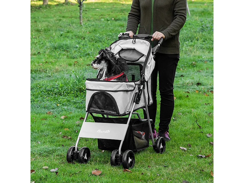 Poussette buggy pour chiens 75L x 46l x 94H cm pliable imperméable tissu 600D Oxford 4 roues gris