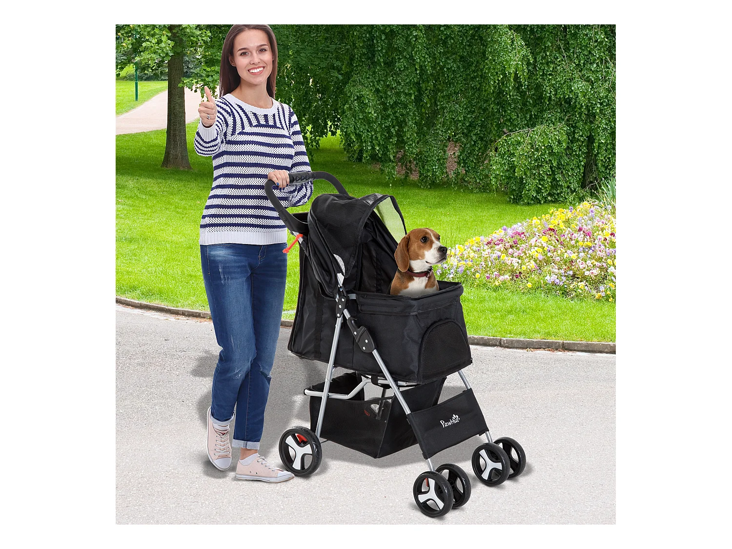 Poussette buggy pour chiens 75L x 46l x 94H cm pliable imperméable tissu 600D Oxford 4 roues noir