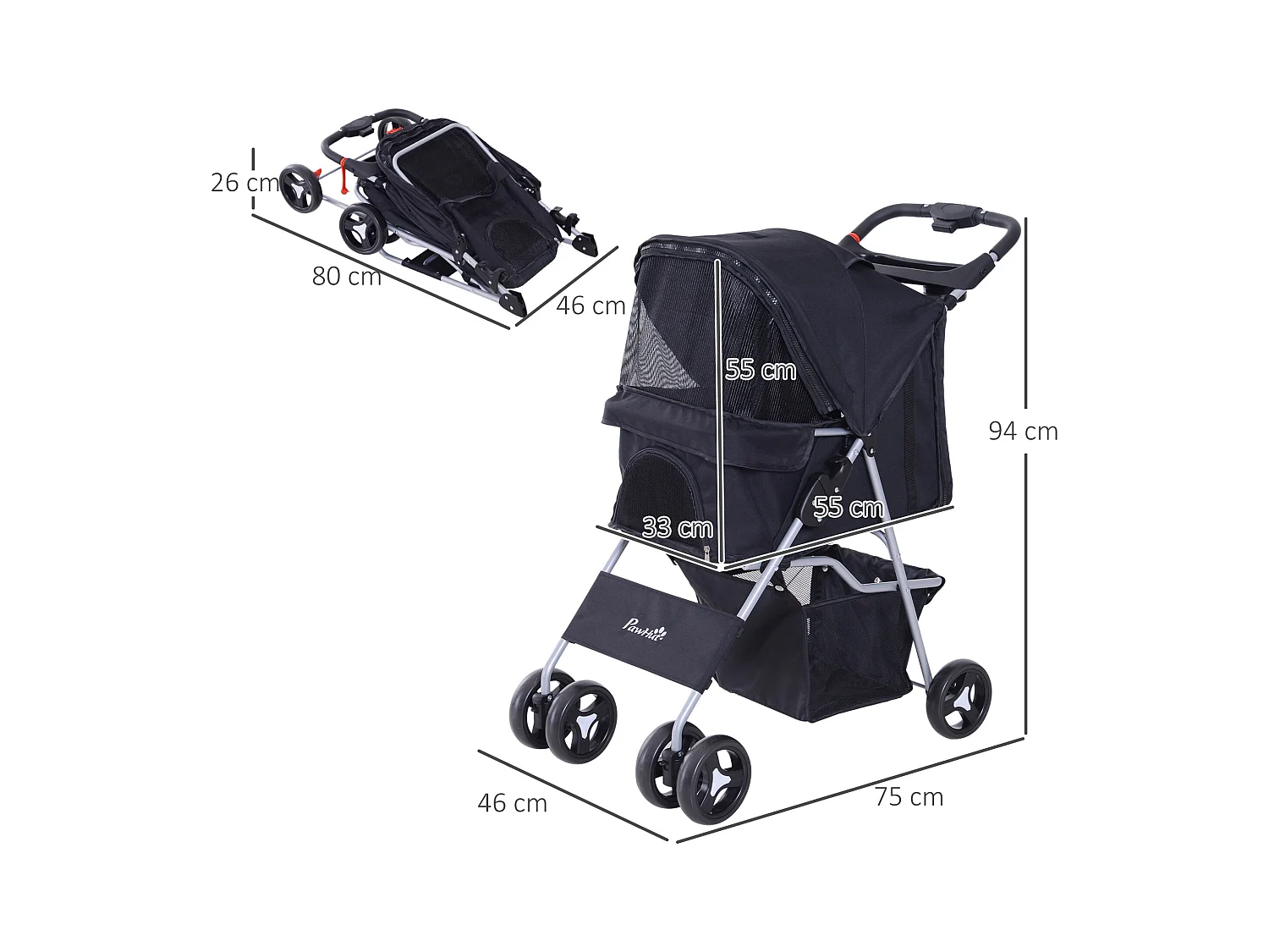 Poussette buggy pour chiens 75L x 46l x 94H cm pliable imperméable tissu 600D Oxford 4 roues noir