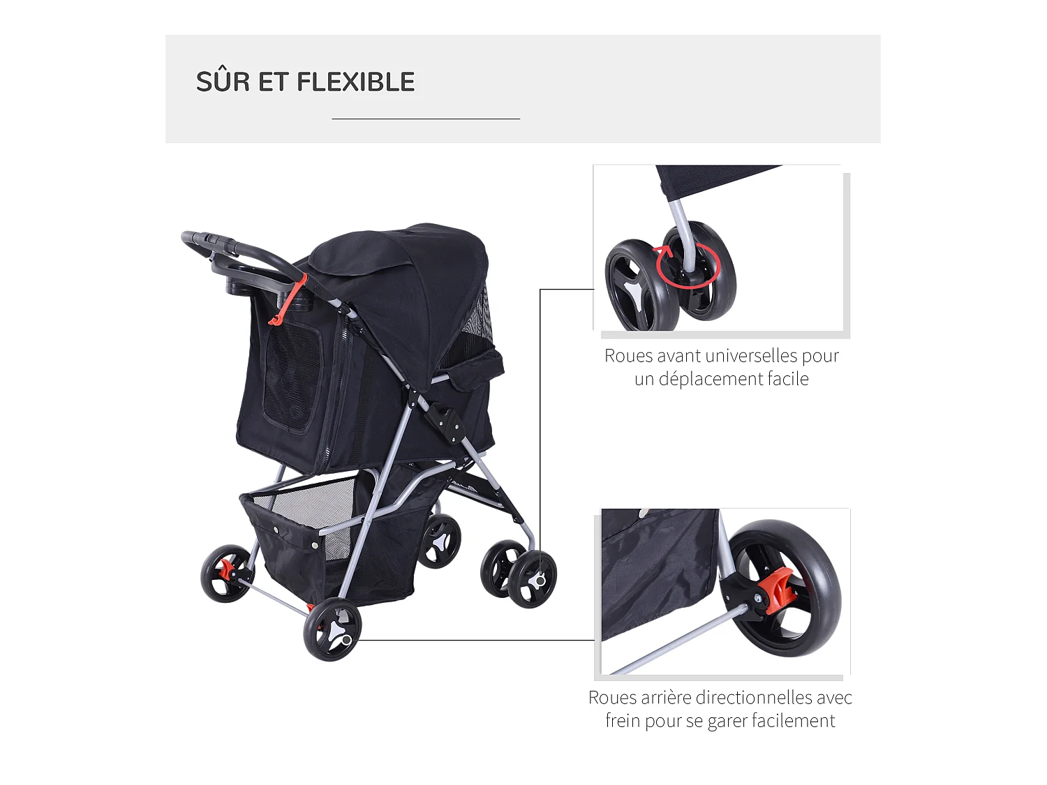 Poussette buggy pour chiens 75L x 46l x 94H cm pliable imperméable tissu 600D Oxford 4 roues noir