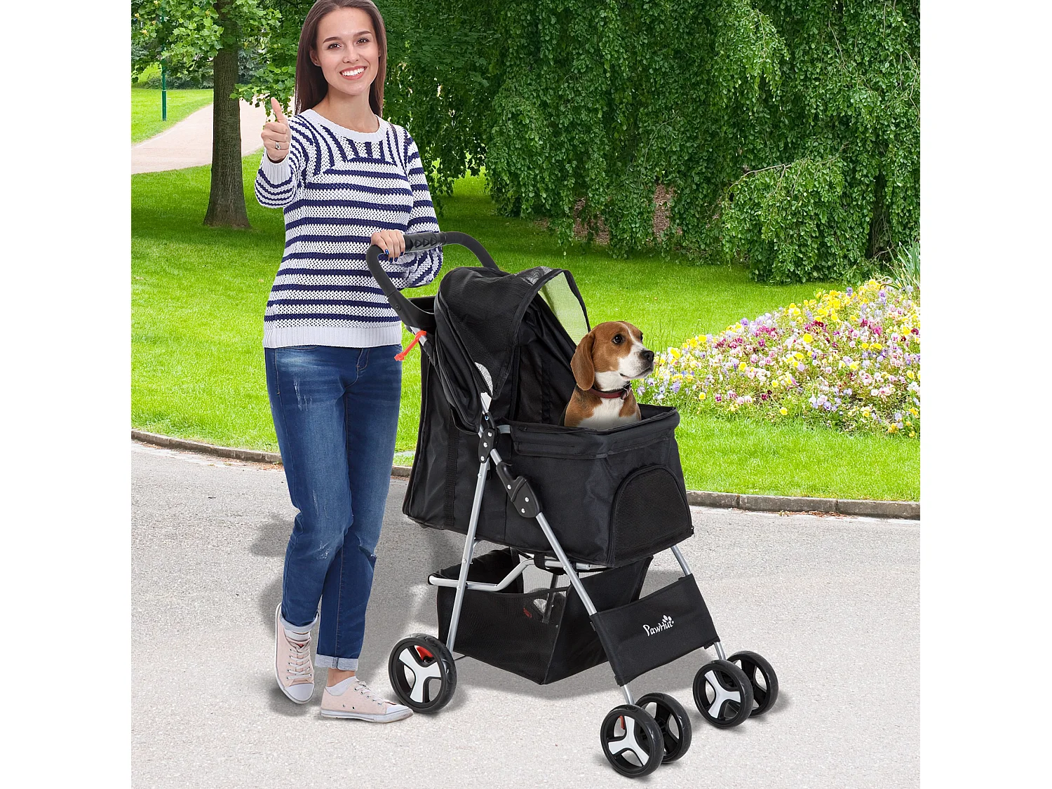 Poussette buggy pour chiens 75L x 46l x 94H cm pliable imperméable tissu 600D Oxford 4 roues noir