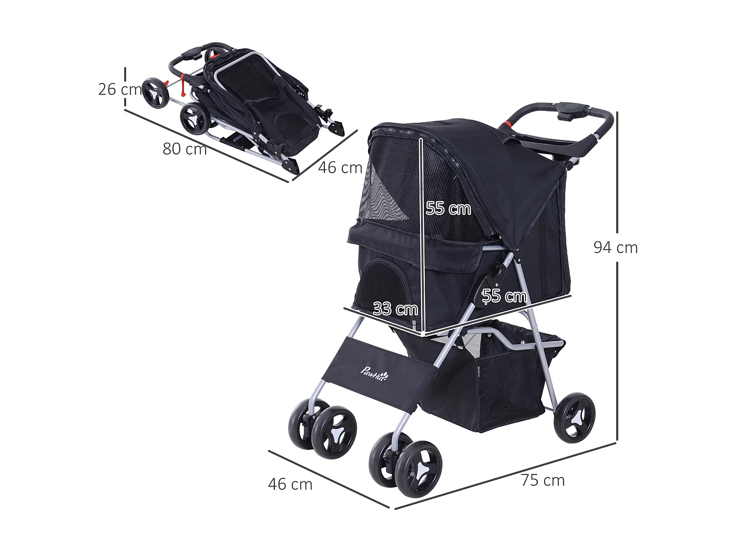 Poussette buggy pour chiens 75L x 46l x 94H cm pliable imperméable tissu 600D Oxford 4 roues noir