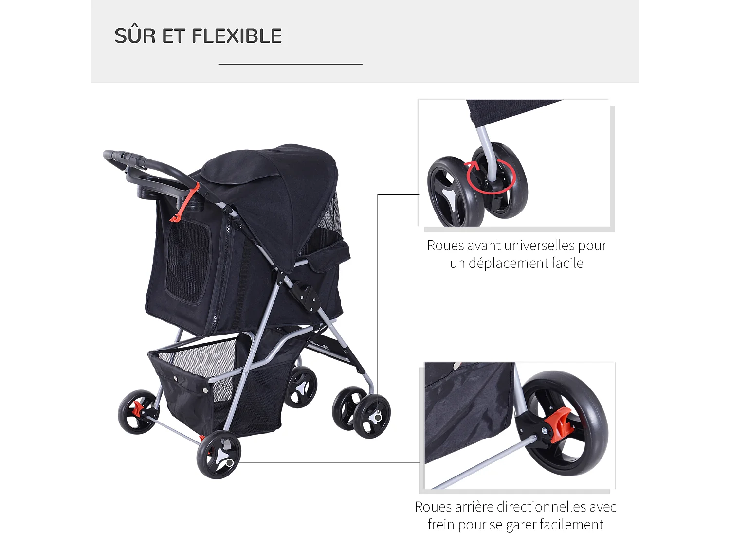 Poussette buggy pour chiens 75L x 46l x 94H cm pliable imperméable tissu 600D Oxford 4 roues noir