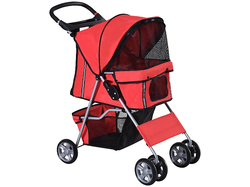 Poussette buggy pliable animaux chariot pliant chien chat porte-gobelet panier de rangement inclus roues avec frein tissu 600D Oxford métal rouge