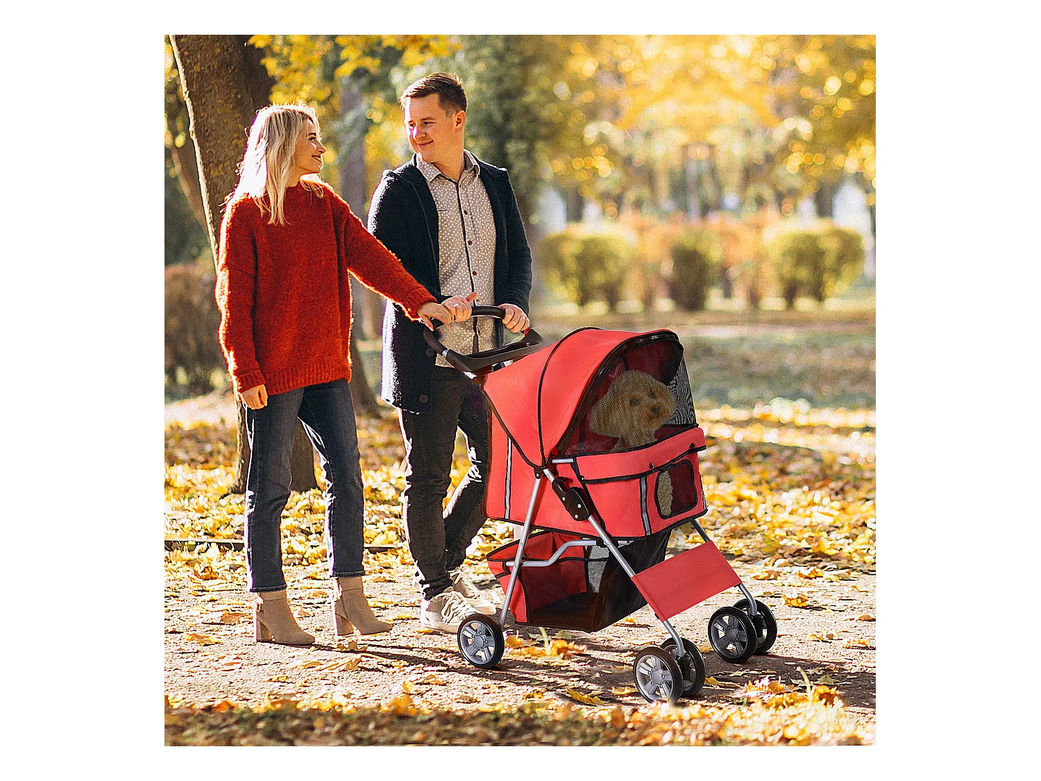 Poussette buggy pliable animaux chariot pliant chien chat porte-gobelet panier de rangement inclus roues avec frein tissu 600D Oxford métal rouge