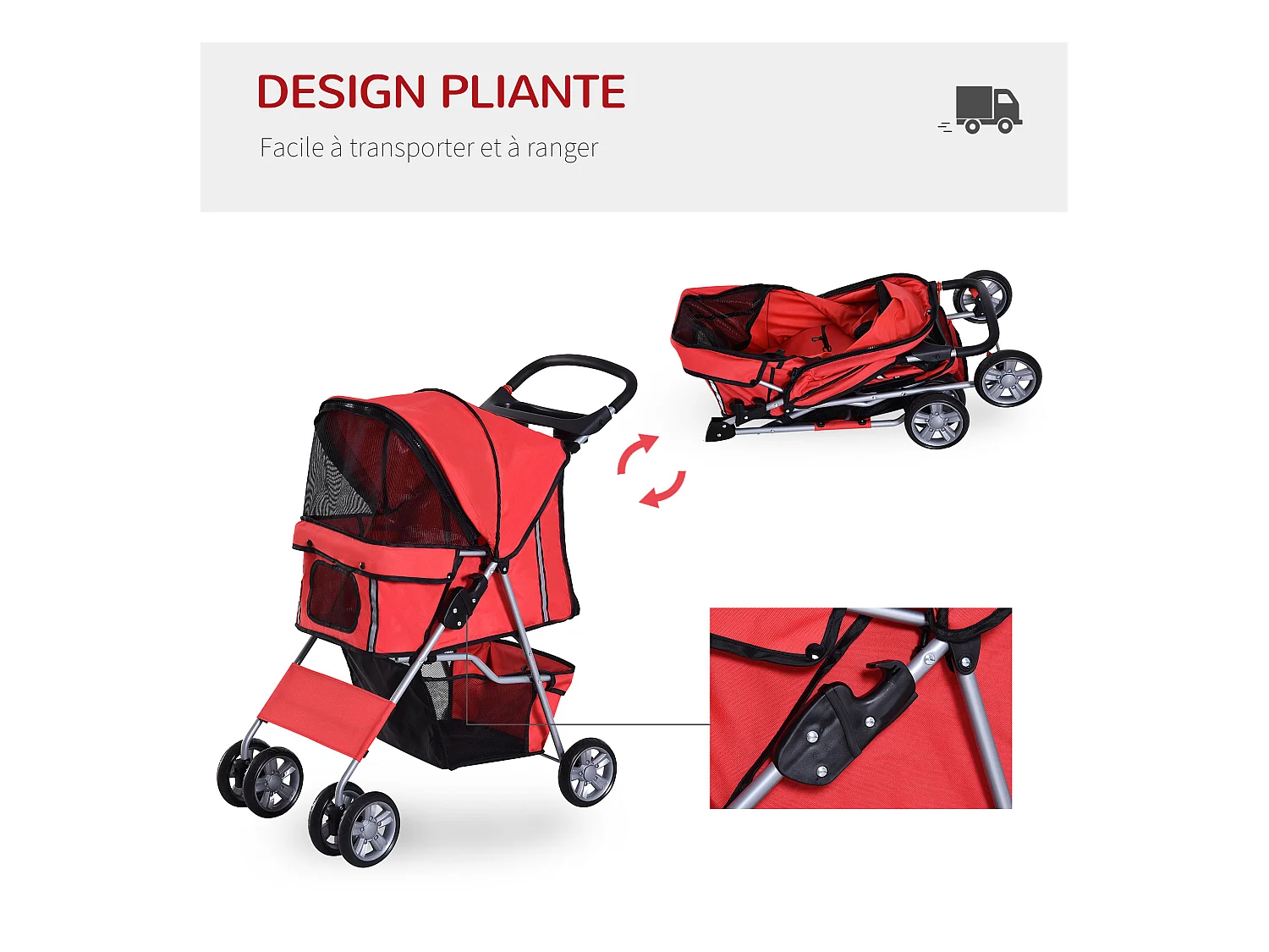 Poussette buggy pliable animaux chariot pliant chien chat porte-gobelet panier de rangement inclus roues avec frein tissu 600D Oxford métal rouge