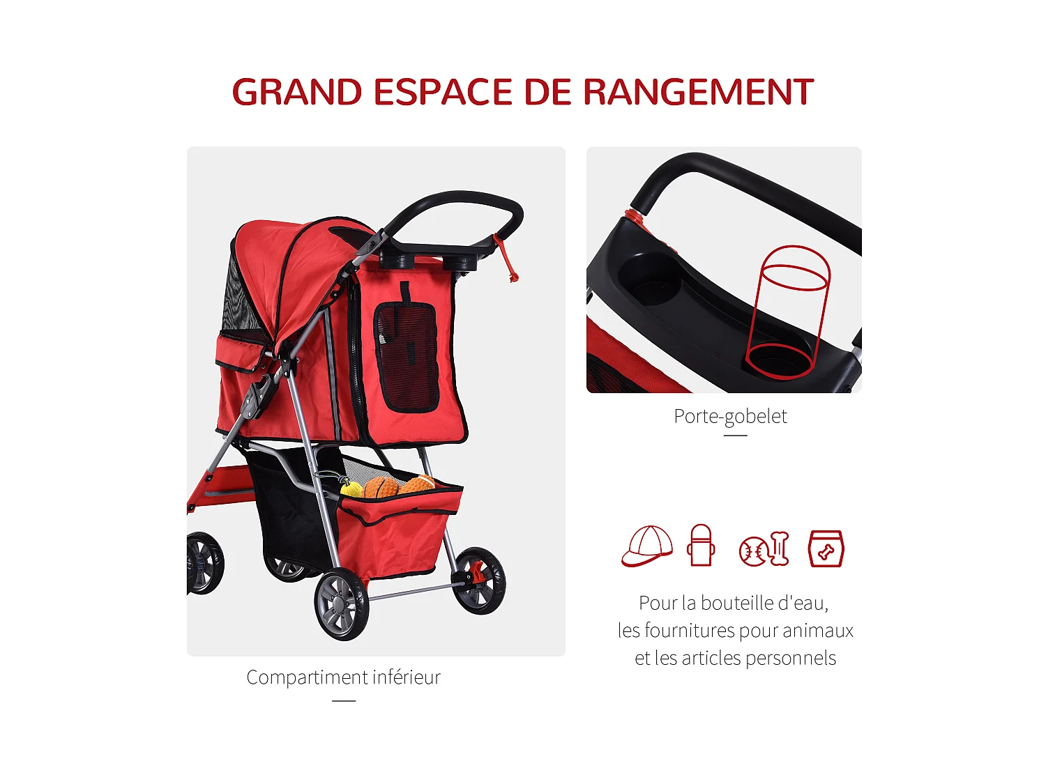 Poussette buggy pliable animaux chariot pliant chien chat porte-gobelet panier de rangement inclus roues avec frein tissu 600D Oxford métal rouge
