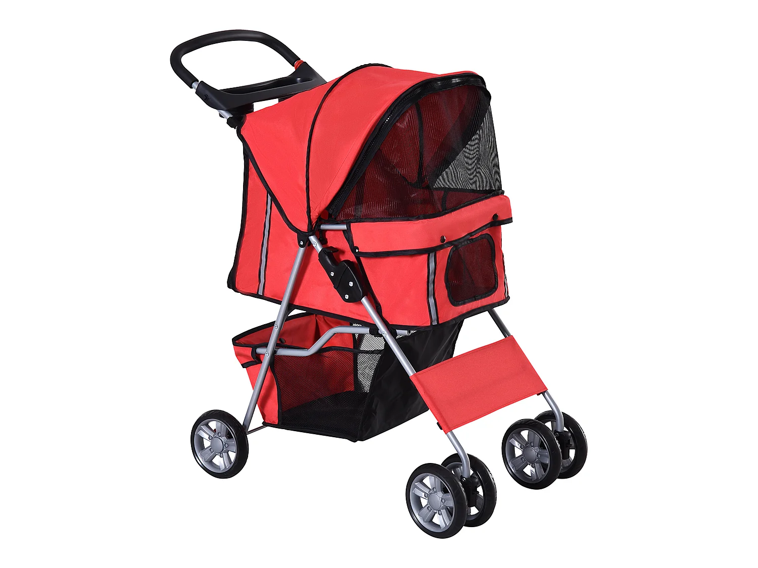 Poussette buggy pliable animaux chariot pliant chien chat porte-gobelet panier de rangement inclus roues avec frein tissu 600D Oxford métal rouge