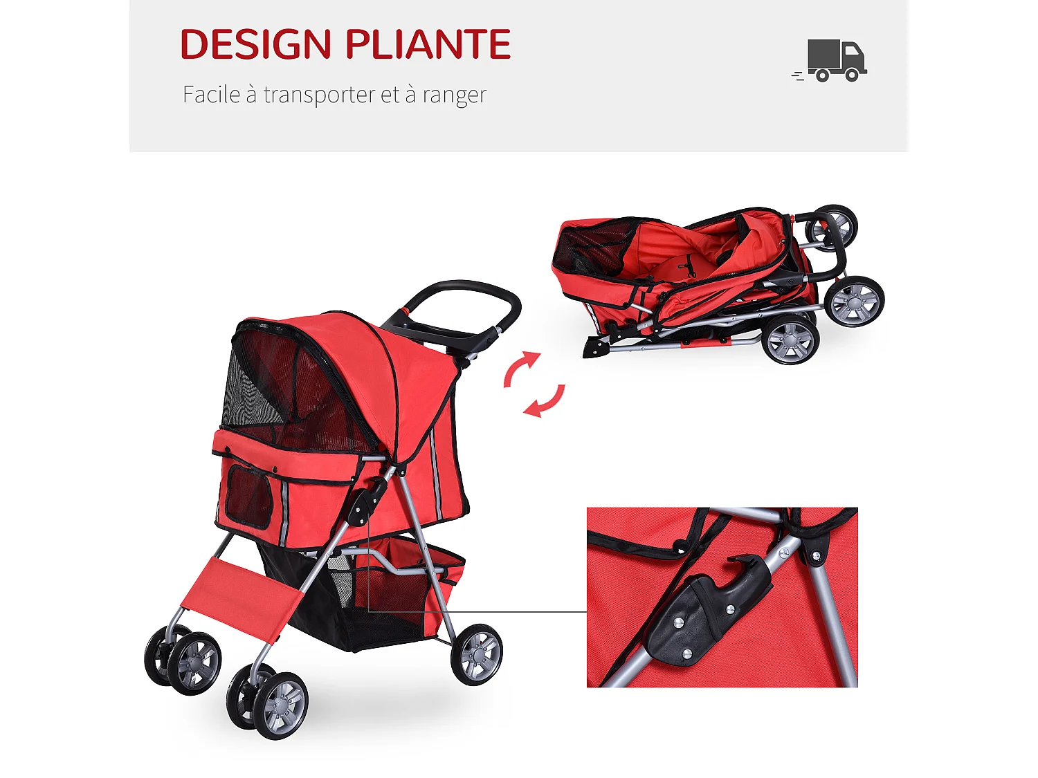 Poussette buggy pliable animaux chariot pliant chien chat porte-gobelet panier de rangement inclus roues avec frein tissu 600D Oxford métal rouge