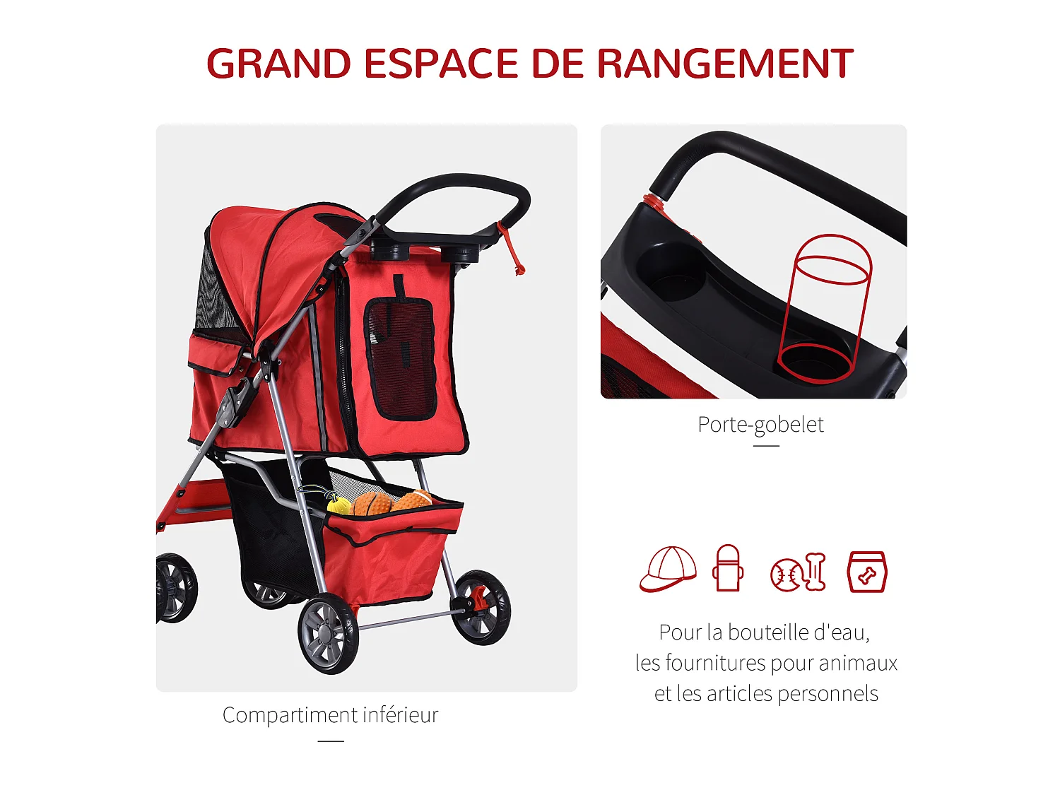 Poussette buggy pliable animaux chariot pliant chien chat porte-gobelet panier de rangement inclus roues avec frein tissu 600D Oxford métal rouge