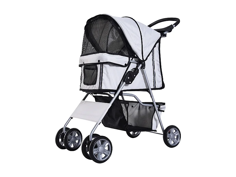 Poussette buggy pliable animaux chariot pliant chien chat porte-gobelet panier de rangement inclus roues avec frein tissu 600D Oxford métal gris