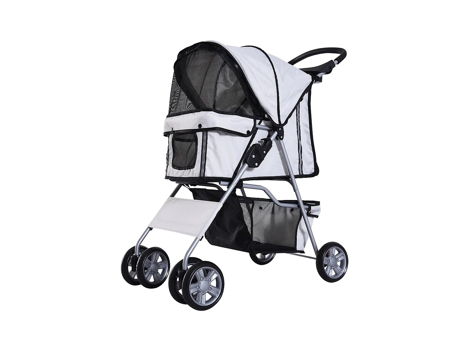 Poussette buggy pliable animaux chariot pliant chien chat porte-gobelet panier de rangement inclus roues avec frein tissu 600D Oxford métal gris