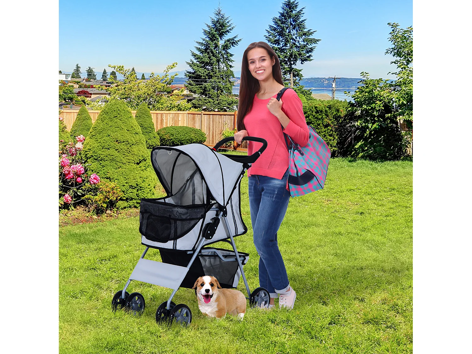 Poussette buggy pliable animaux chariot pliant chien chat porte-gobelet panier de rangement inclus roues avec frein tissu 600D Oxford métal gris