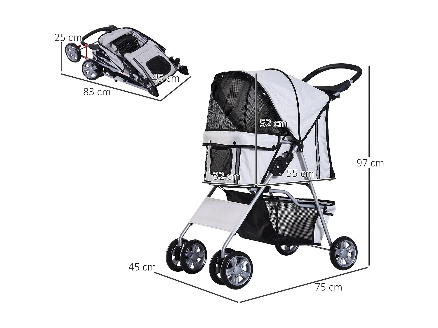 Poussette buggy pliable animaux chariot pliant chien chat porte-gobelet panier de rangement inclus roues avec frein tissu 600D Oxford métal gris