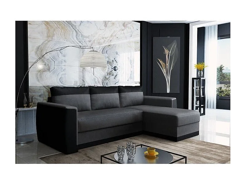 JAMES Canape dangle convertible 3 places + Coffre de rangement - Simili noir et tissu gris anthracite - L 230 x P 142 cm