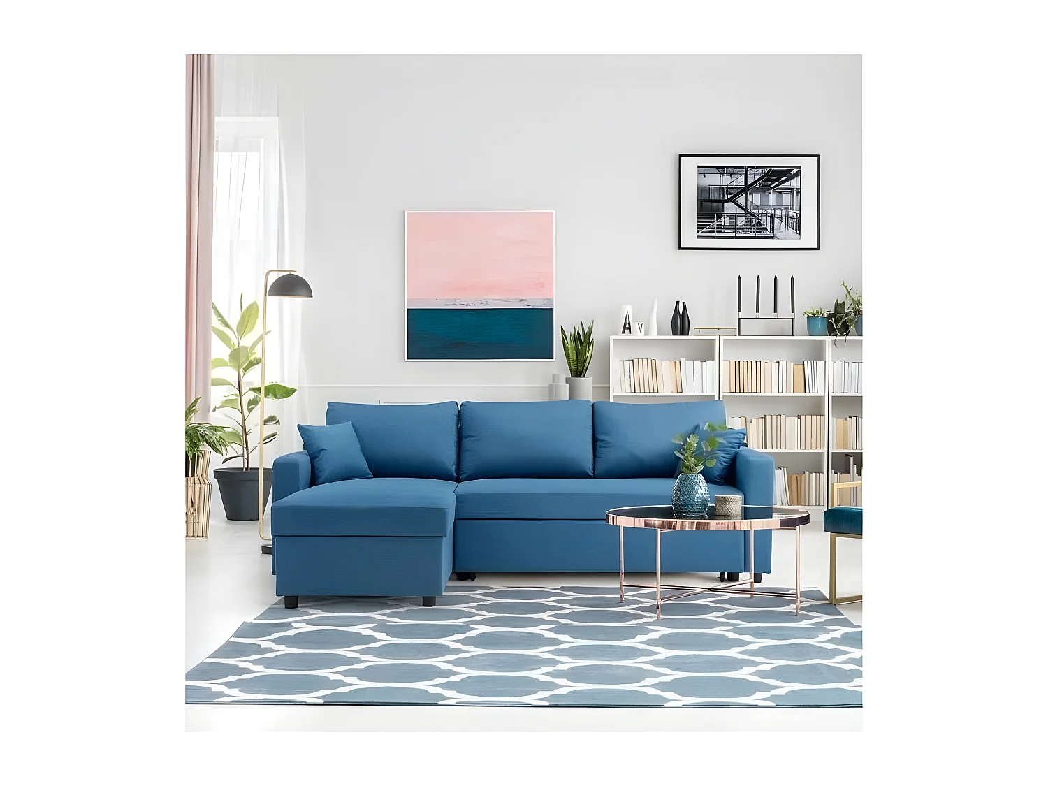 Canapé d'angle gauche convertible grand couchage + coffre - Tissu Bleu- L 228 x P 148 x H 86 cm - OWENS