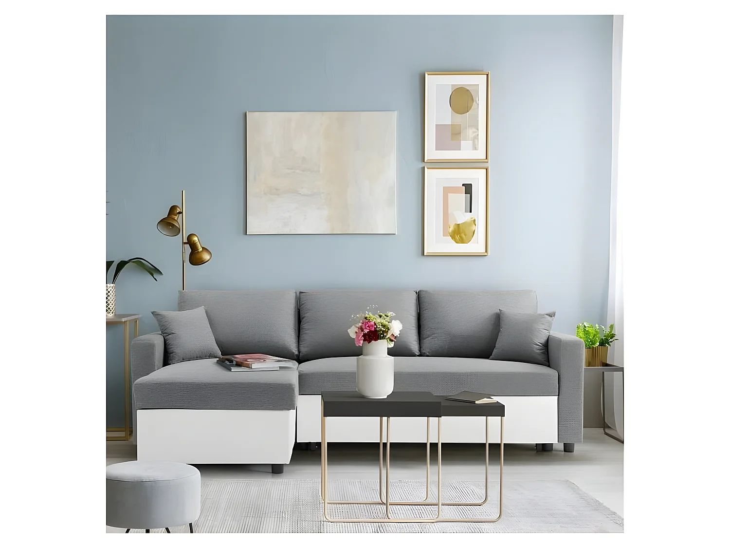 Canapé d'angle gauche convertible grand couchage + coffre - Tissu Blanc et gris - L 228 x P 148 x H 86 cm - OWENS