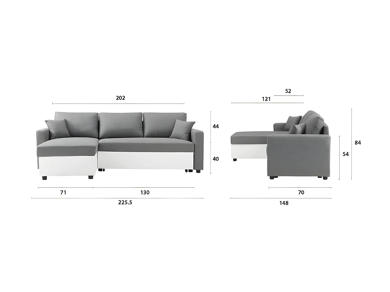 Canapé d'angle gauche convertible grand couchage + coffre - Tissu Blanc et gris - L 228 x P 148 x H 86 cm - OWENS