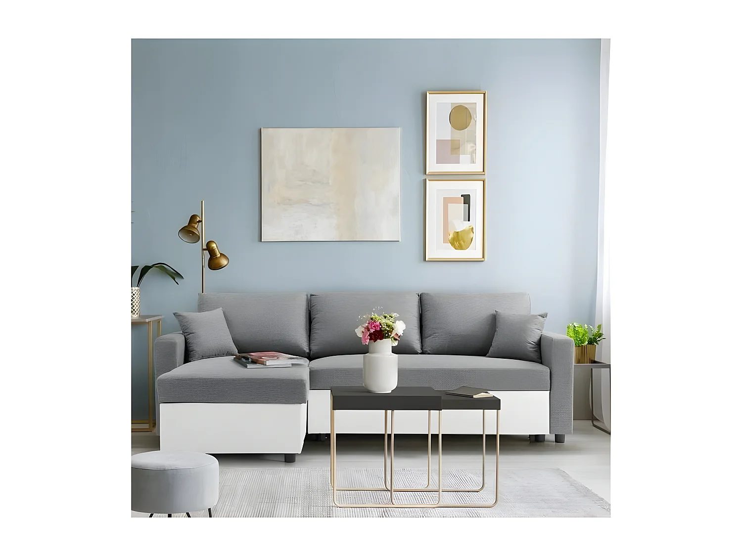 Canapé d'angle gauche convertible grand couchage + coffre - Tissu Blanc et gris - L 228 x P 148 x H 86 cm - OWENS