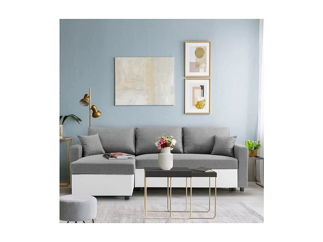 Canapé d'angle gauche convertible grand couchage + coffre - Tissu Blanc et gris - L 228 x P 148 x H 86 cm - OWENS