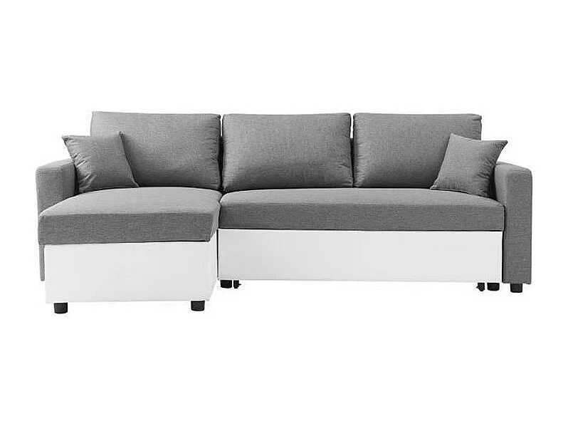 Canapé d'angle gauche convertible grand couchage + coffre - Tissu Blanc et gris - L 228 x P 148 x H 86 cm - OWENS