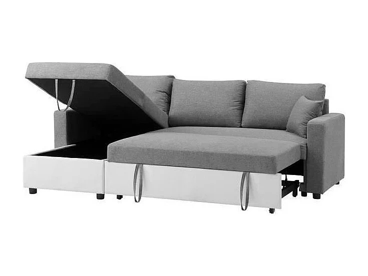 Canapé d'angle gauche convertible grand couchage + coffre - Tissu Blanc et gris - L 228 x P 148 x H 86 cm - OWENS