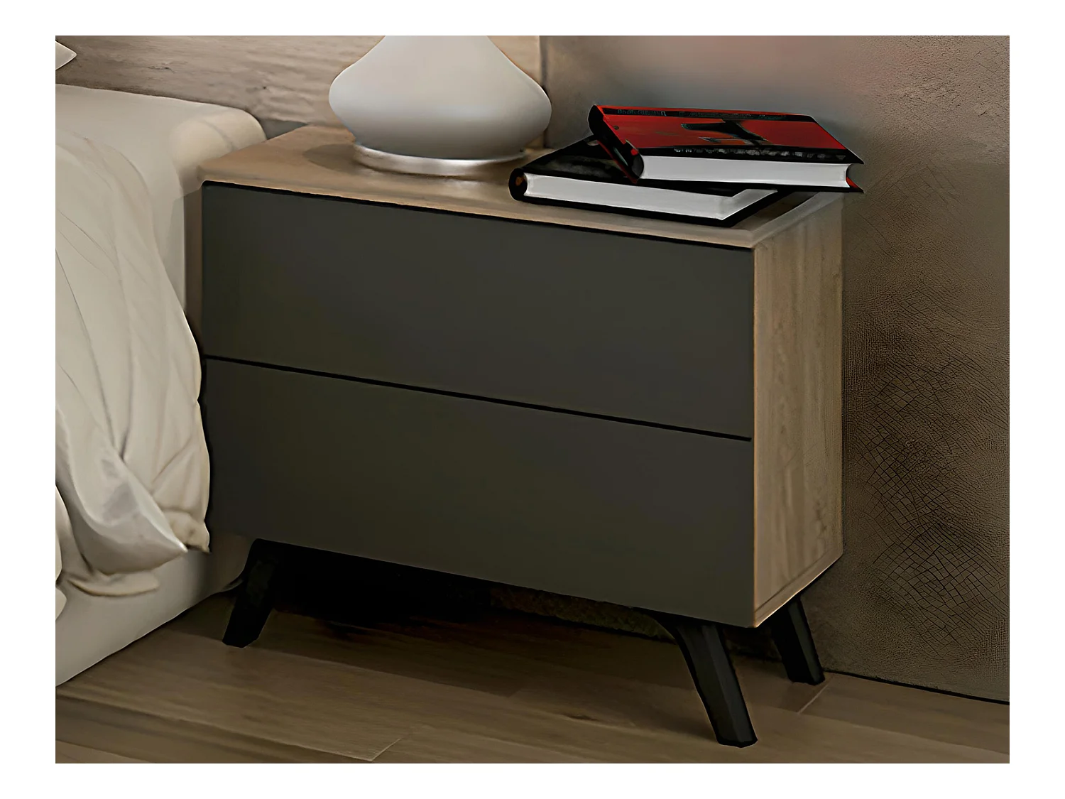 Table de chevet, table de nuit coloris chêne cambrian, graphite - Longueur 52 x Profondeur 34,80 x Hauteur 50 cm