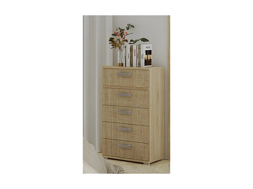 Chiffonnier , meuble de rangement coloris chêne cambrian/effet textile - Longueur 60 x Profondeur 39.6 x Hauteur 109.4 cm