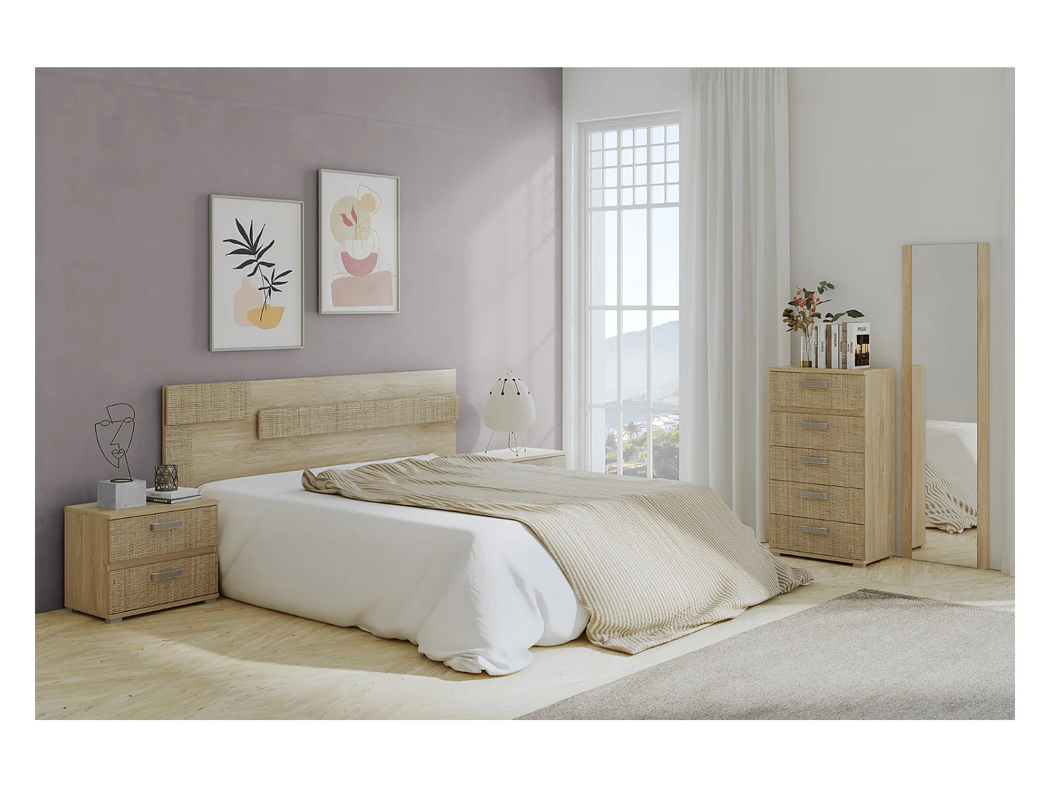 Chiffonnier , meuble de rangement coloris chêne cambrian/effet textile - Longueur 60 x Profondeur 39.6 x Hauteur 109.4 cm