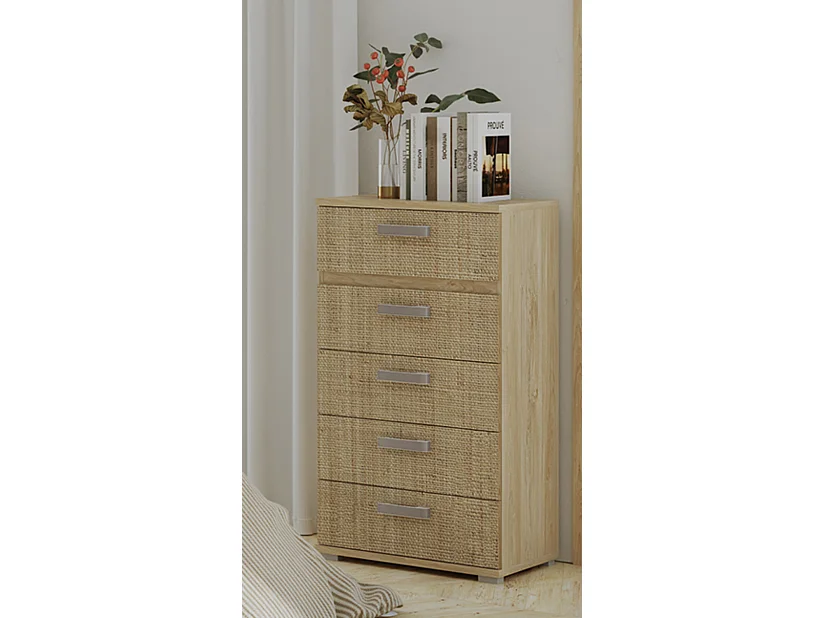 Chiffonnier , meuble de rangement coloris chêne cambrian/effet textile - Longueur 60 x Profondeur 39.6 x Hauteur 109.4 cm