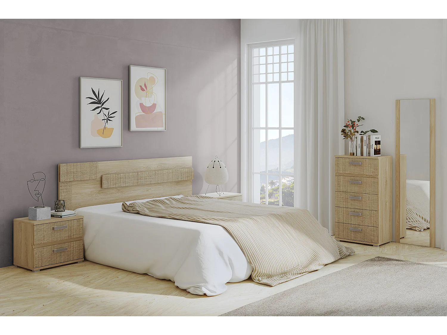 Chiffonnier , meuble de rangement coloris chêne cambrian/effet textile - Longueur 60 x Profondeur 39.6 x Hauteur 109.4 cm